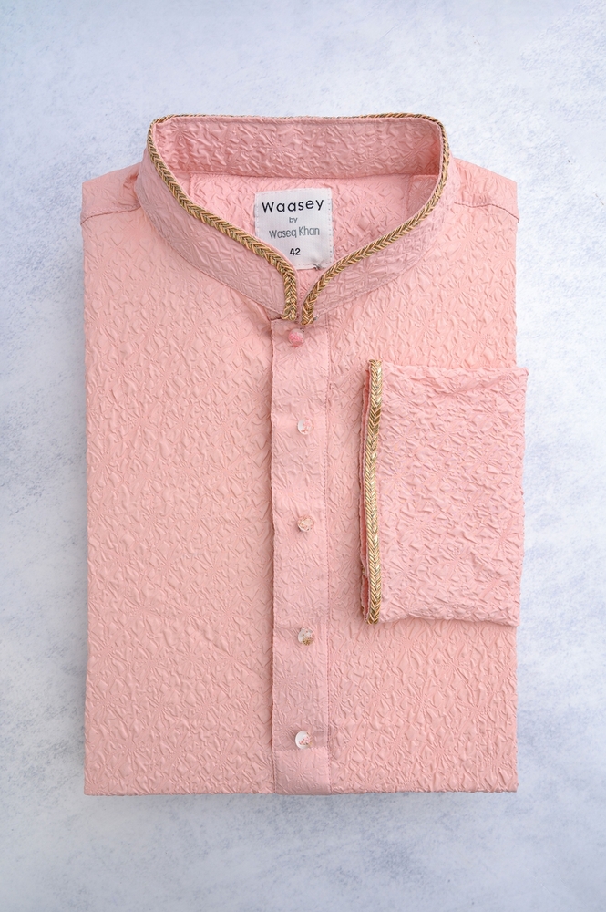 Soft Pink Crinkled Panjabi with Golden Trim